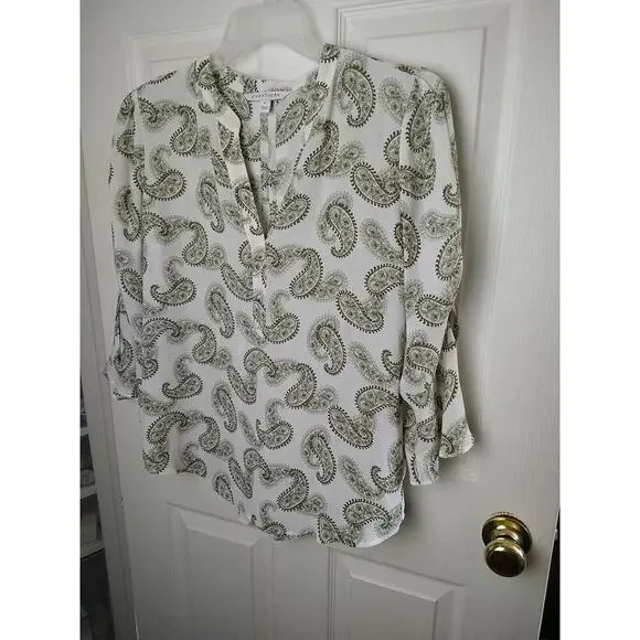 41Hawthorn Green White Paisley V Neck Belle Flare Tie Sleeves Sheer. Size M - Picture 2 of 11